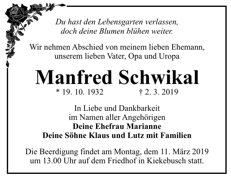 Traueranzeige Manfred Schwikal