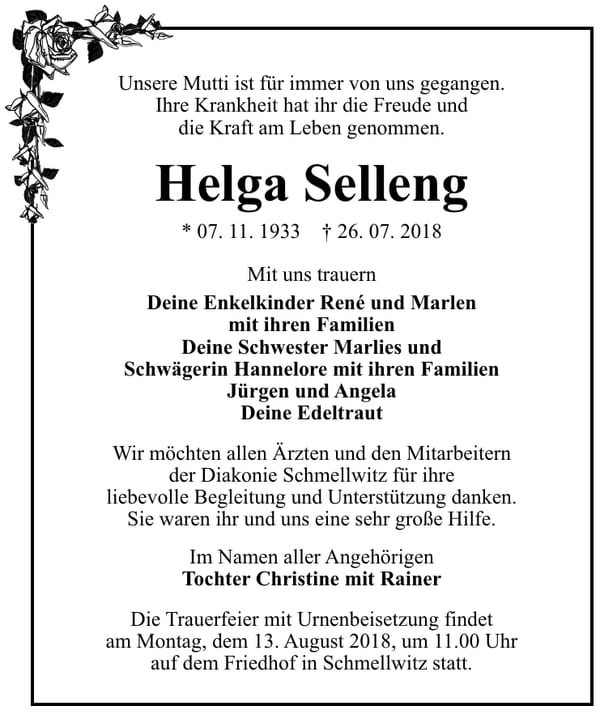 Traueranzeige Helga Selleng