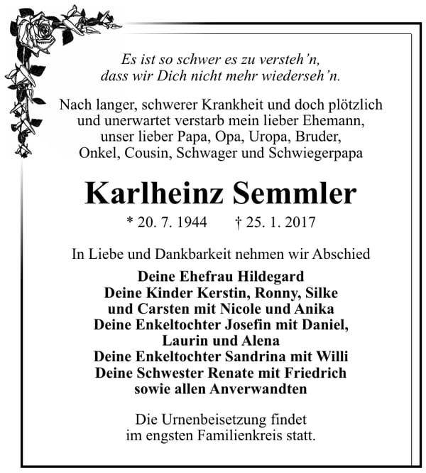 Traueranzeige Karlheinz Semmler