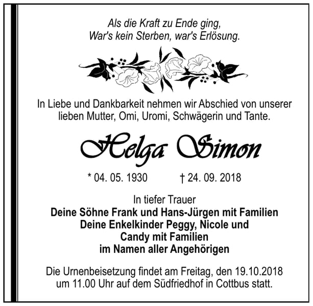 Traueranzeige Helga Simon