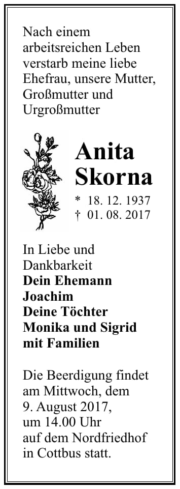 Traueranzeige Anita Skorna