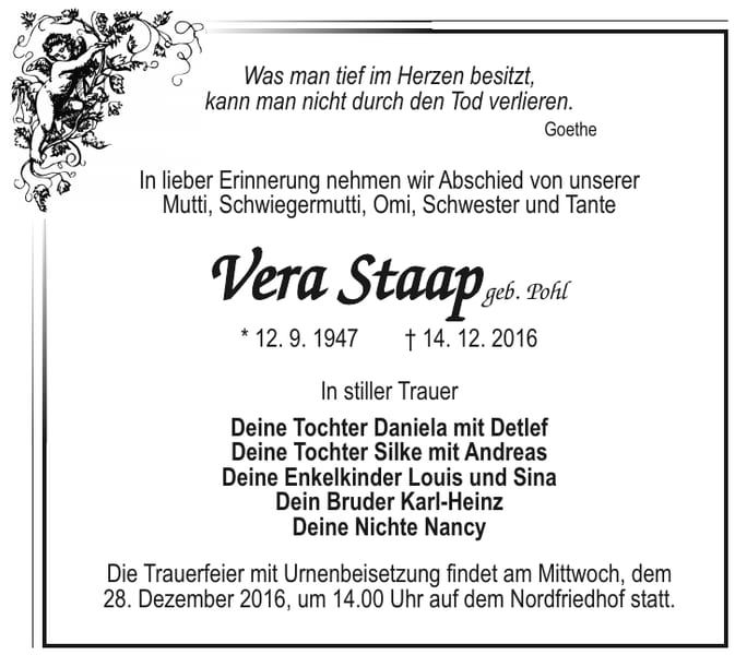 Traueranzeige Vera Staap, geb. Pohl