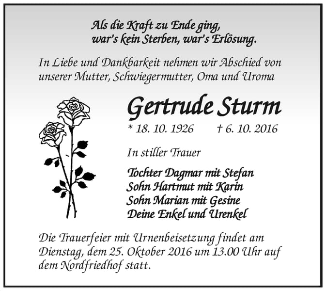 Traueranzeige Gertrude Sturm