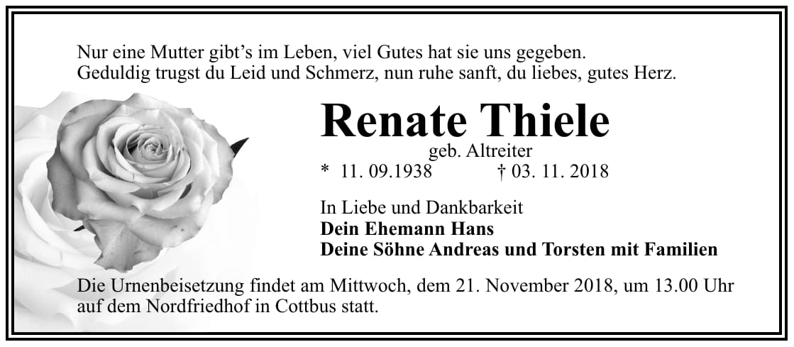 Traueranzeige Renate Thiele, geb. Altreiter