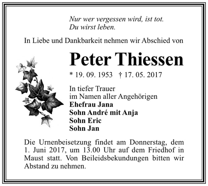 Traueranzeige Peter Thiessen