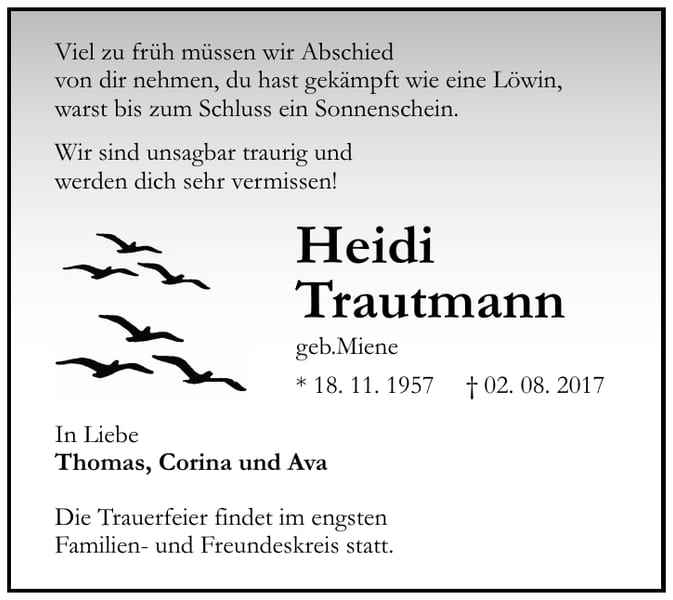 Traueranzeige Heidi Trautmann, geb. Miene