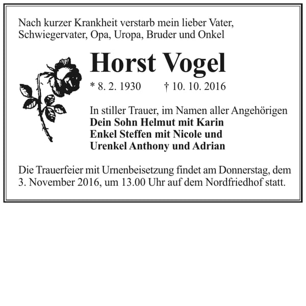 Traueranzeige Horst Vogel