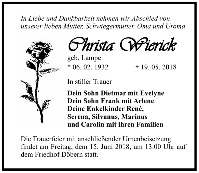 Traueranzeige Christa Wierick geb. Lampe