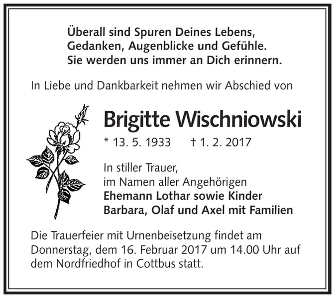 Traueranzeige Brigitte Wischniowski