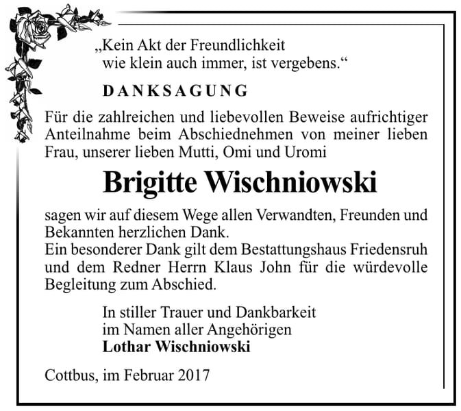 Danksagung Brigitte Wischniowski