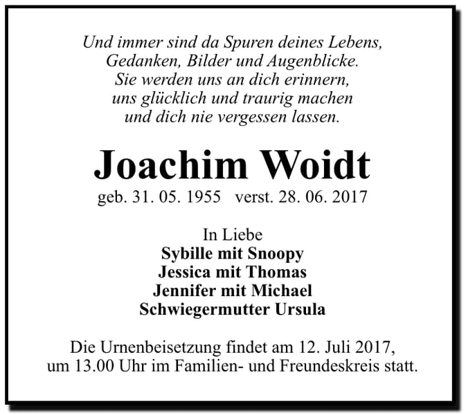 Traueranzeige Joachim Woidt
