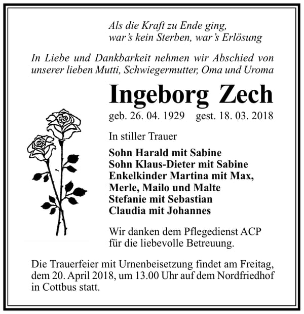 Traueranzeige Ingeborg Zech