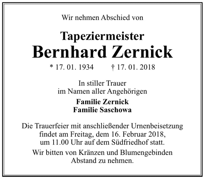 Traueranzeige Bernhard Zernick