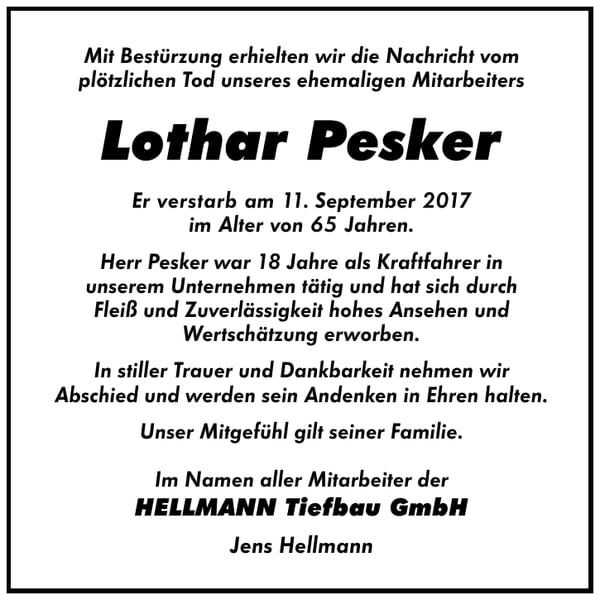 Traueranzeige Lothar Pesker