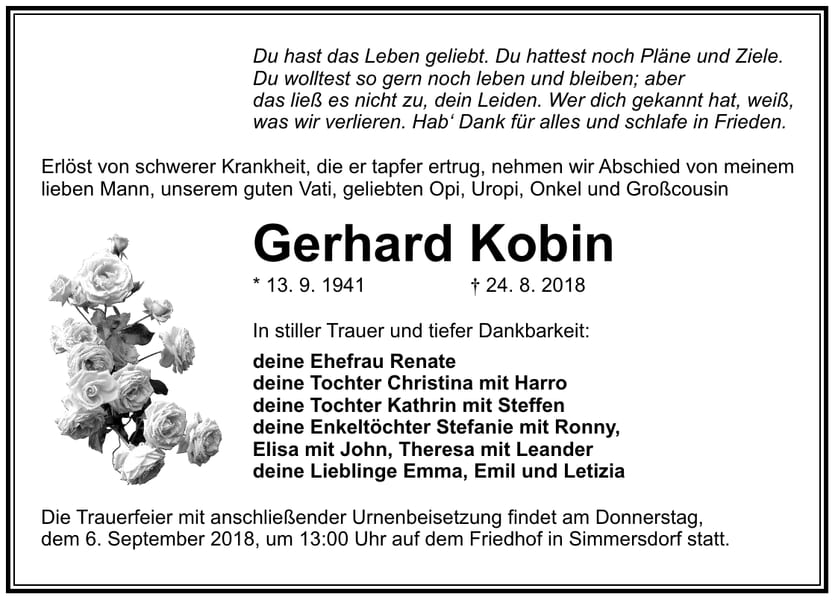 Traueranzeige Gerhard Kobin