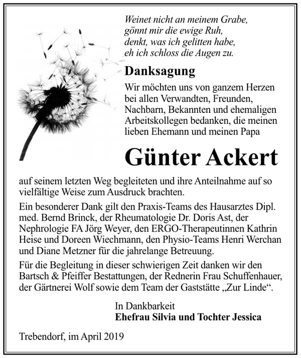 Traueranzeige Günter Ackert