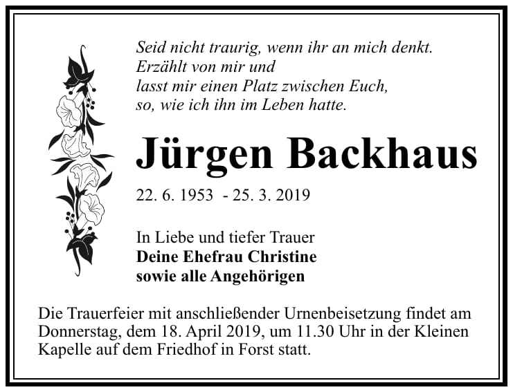 Traueranzeige Jürgen Backhaus