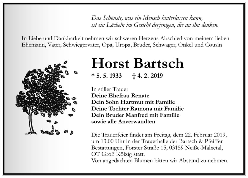 Traueranzeige Horst Bartsch