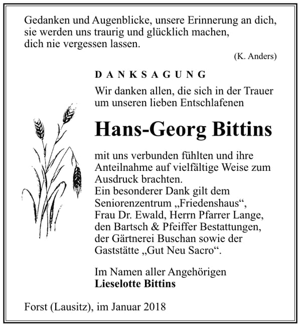 Danksagung Hans-Georg Bittins