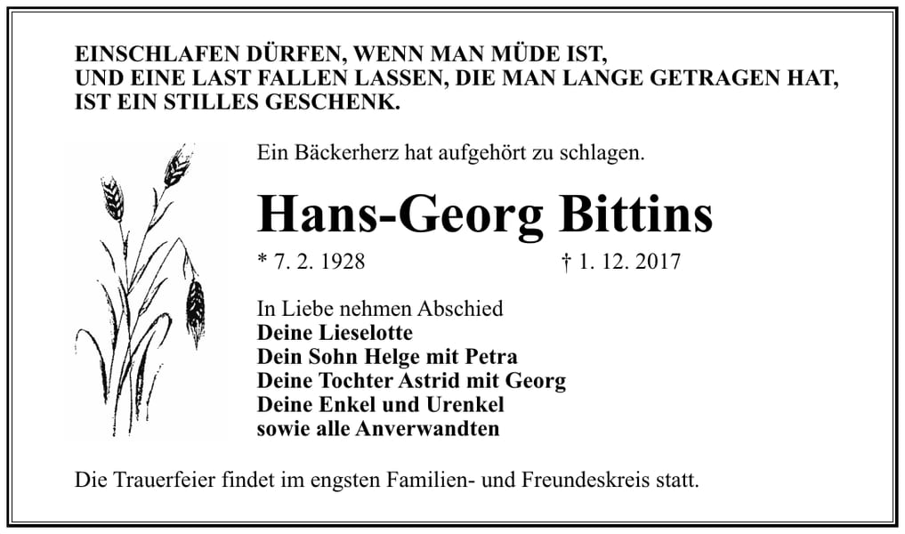 Traueranzeige Hans-Georg Bittins