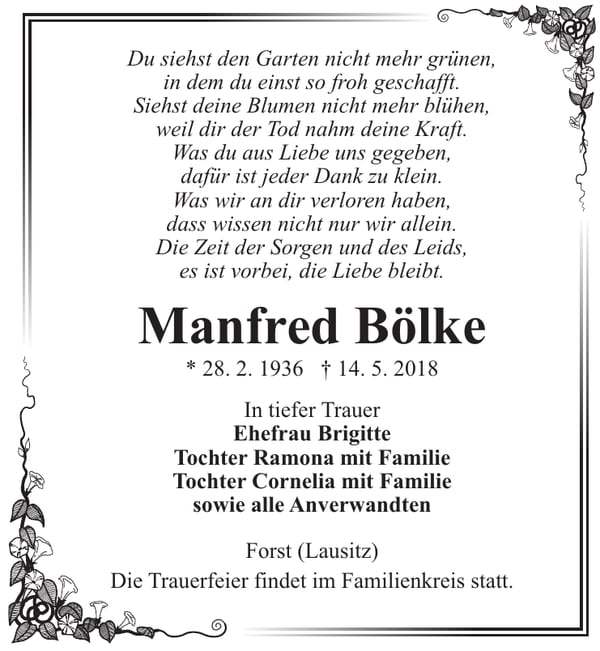 Traueranzeige Manfred Bölke