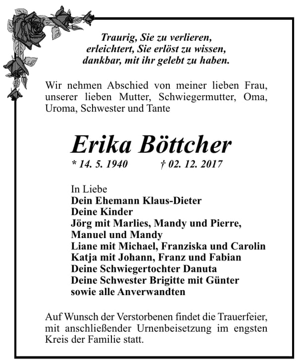 Traueranzeige Erika Böttcher
