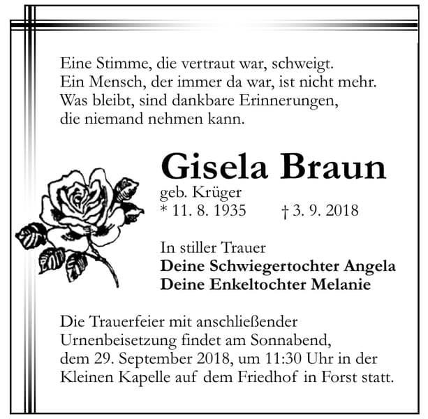 Traueranzeige Gisela Braun, geb. Krüger