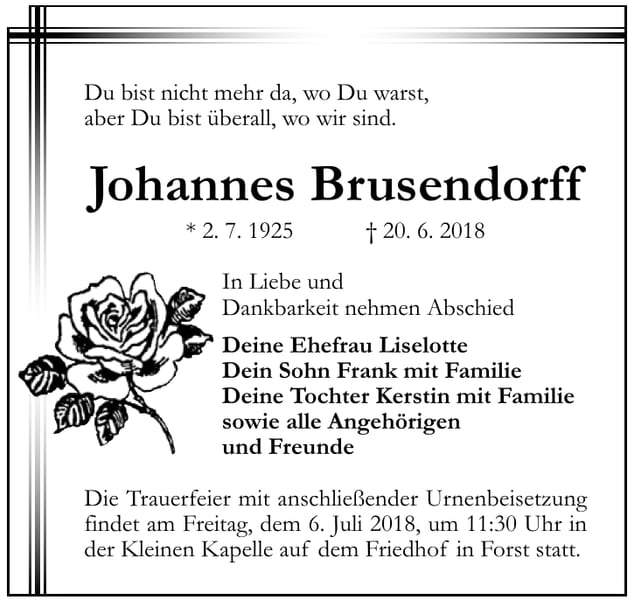 Traueranzeige Johannes Brusendorff