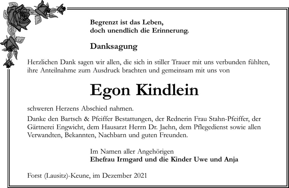 Danksagung Egon Kindlein