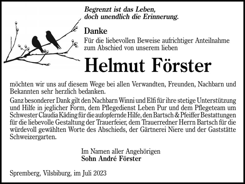 Danksagung Helmut Förster