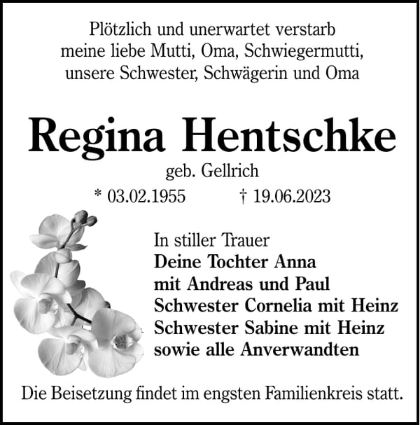 Traueranzeige Regina Hentschke, geb. Gellrich