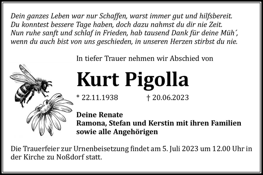 Traueranzeige Kurt Pigolla