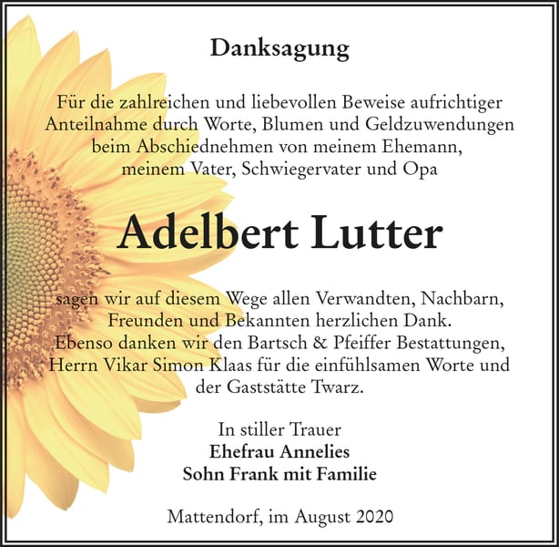 Danksagung Adelbert Lutter