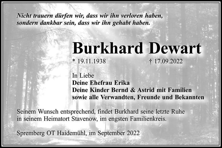 Traueranzeige Burkhard Dewart