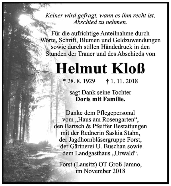 Danksagung Helmut Kloß