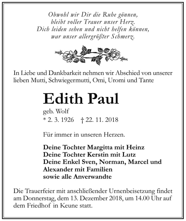 Traueranzeige Edith Paul, geb. Wolf