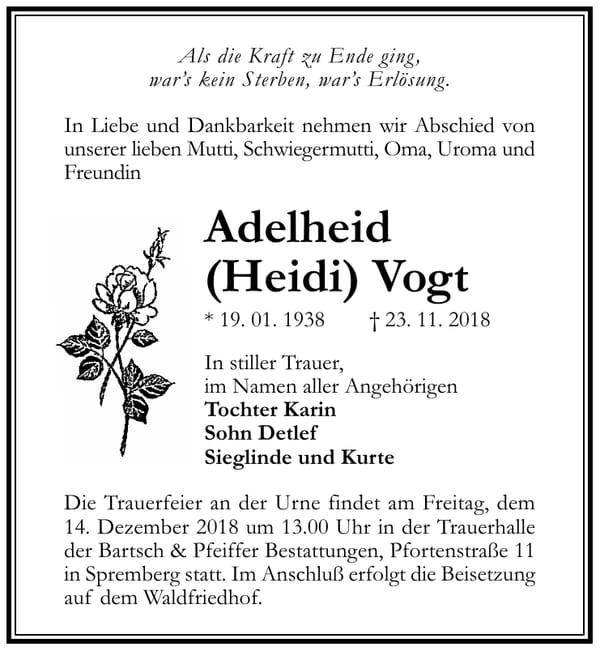 Traueranzeige Adelheid (Heidi) Vogt