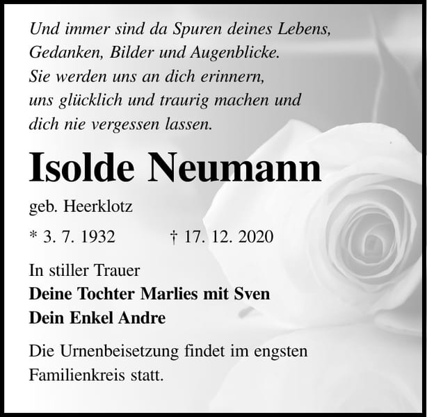 Traueranzeige Isolde Neumann, geb. Heerklotz