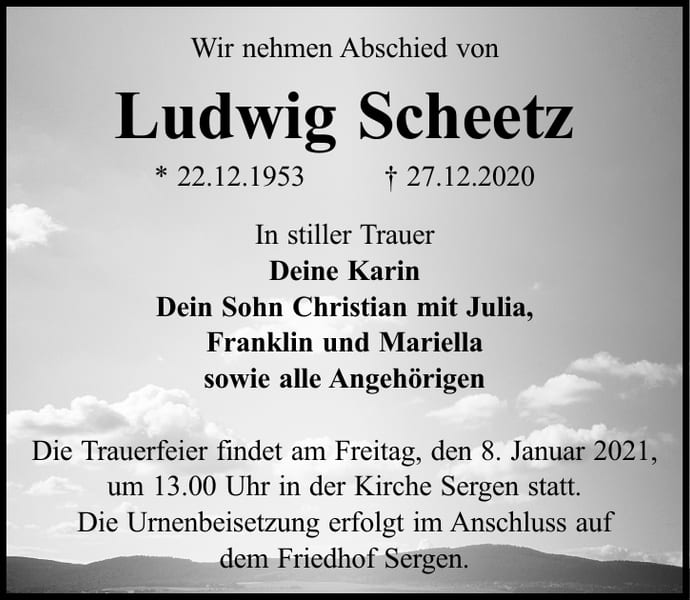 Traueranzeige Ludwig Scheetz