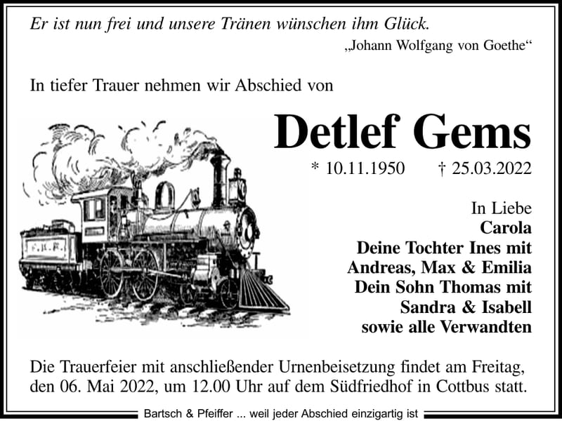Traueranzeige Detlef Gems