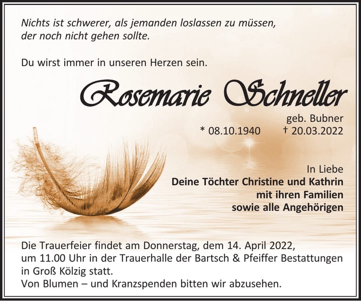 Traueranzeige Rosemarie Schneller, geb. Bubner
