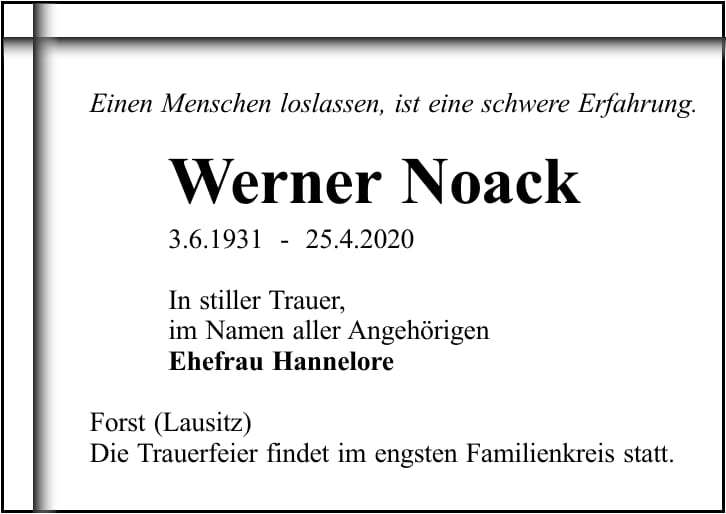 Traueranzeige Werner Noack