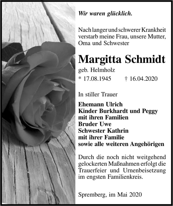 Traueranzeige Margitta Schmidt, geb. Helmholz