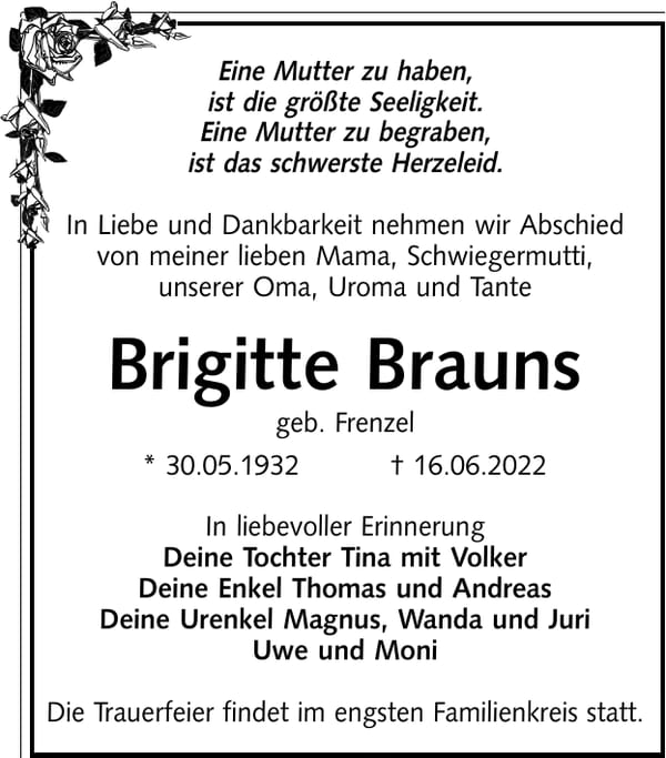 Traueranzeige Brigitte Brauns, geb. Frenzel