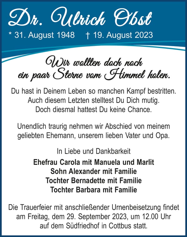 Traueranzeige Dr. Ulrich Obst
