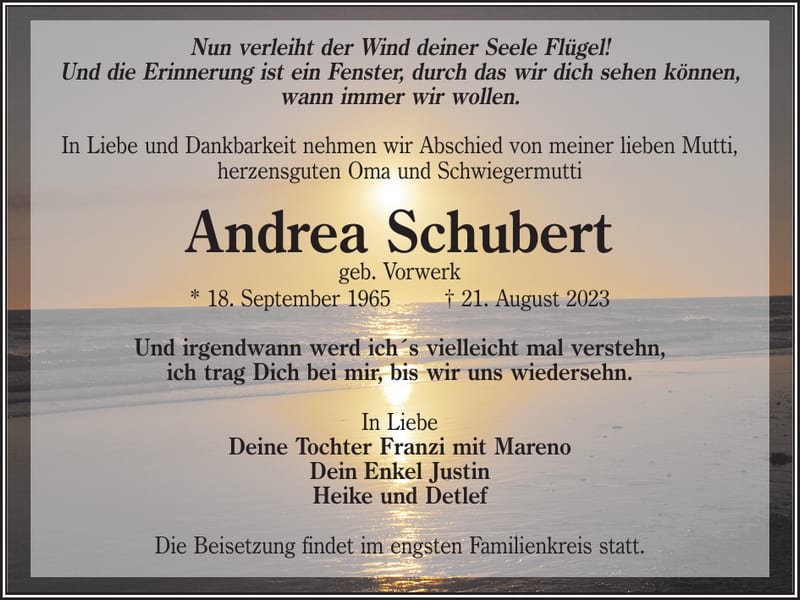 Traueranzeige Andrea Schubert, geb. Vorwerk