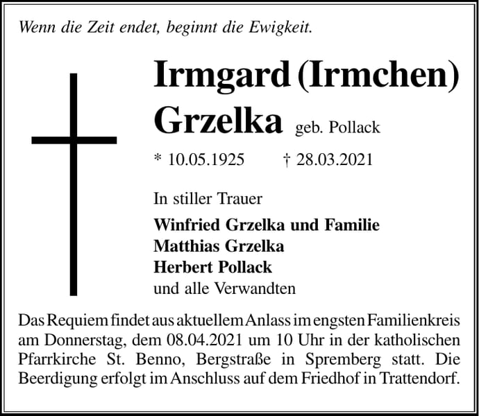 Traueranzeige Irmgard (Irmchen) Grzelka, geb. Pollack