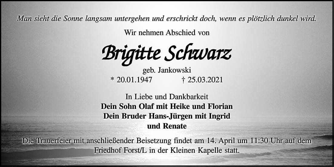 Traueranzeige Brigitte Schwarz, geb. Jankowski