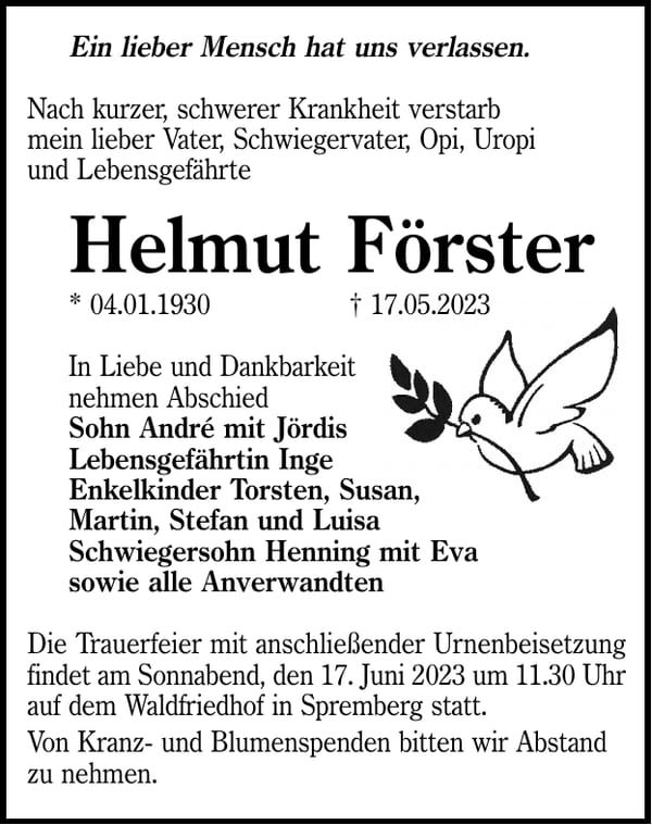 Traueranzeige Helmut Förster