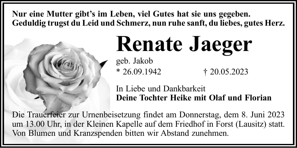 Traueranzeige Renate Jaeger, geb. Jakob